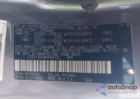 2019 Toyota Sienna Xle 8 Passenger z USA, uszkodzony, nr VIN 5TDYZ3DC9KS996722